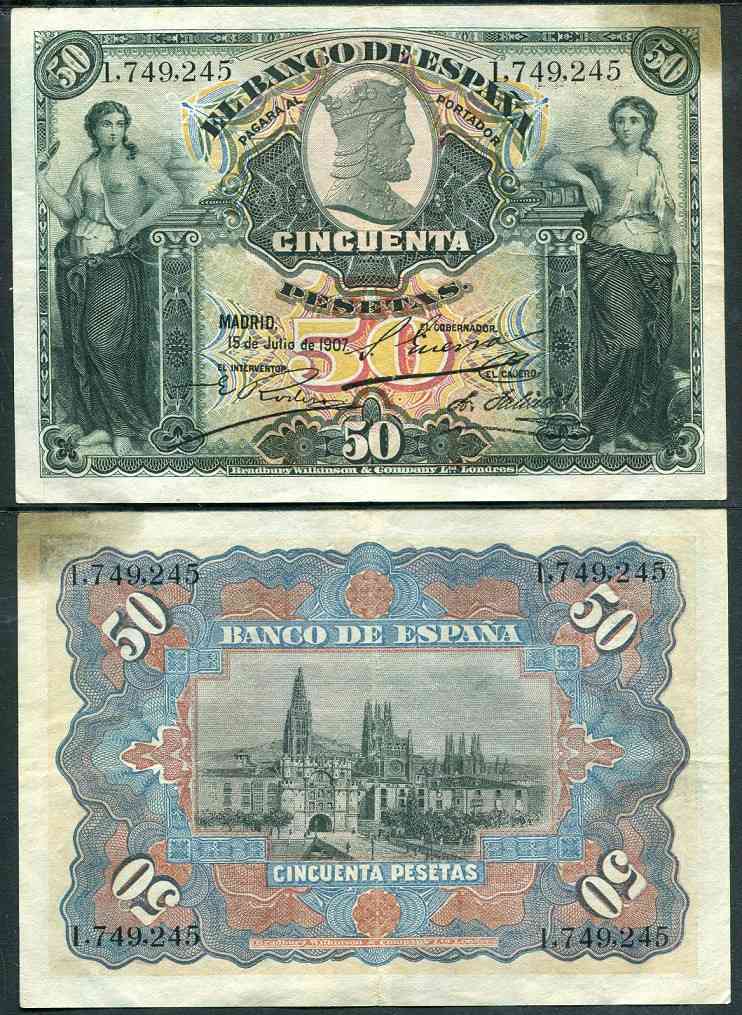 España - 1907 - Billetes Alfonso XIII - Nº 00319 - EBC- / XF- - 50 pesetas 1907 sin serie / Mancha grasa esquina