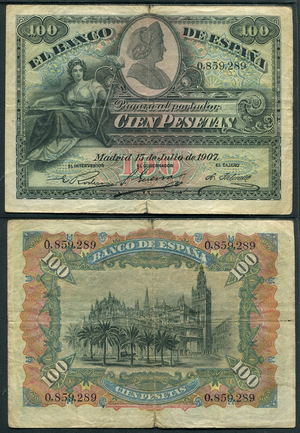 España - 1907 - Billetes Alfonso XIII - Nº 00328 - BC-/F- - 100 pesetas 1907