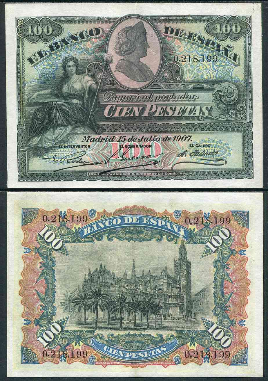 España - 1907 - Billetes Alfonso XIII - Nº 00328 - EBC/XF - 100 pesetas 1907