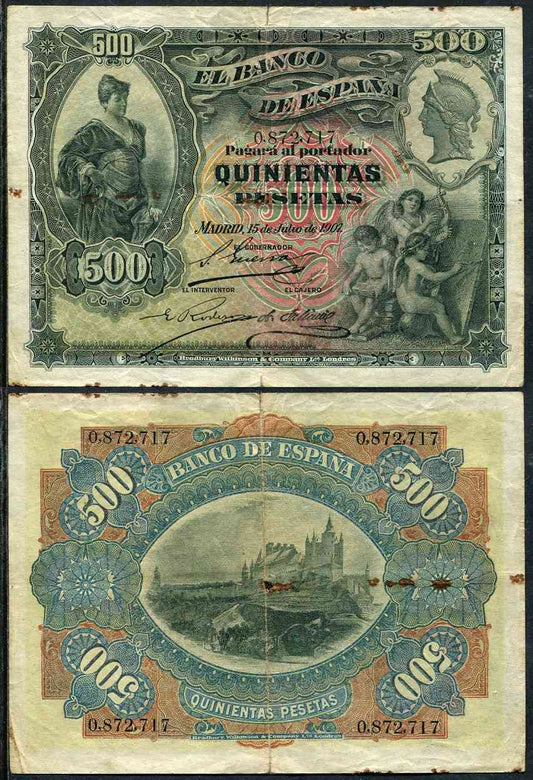 España - 1907 - Billetes Alfonso XIII - Nº 00331 - BC/F - 500 pesetas 1907 - Julio / pequeña perforacion