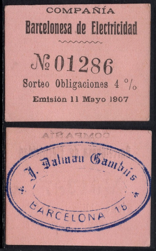 España - 1907 - Cooperativas - Nº NC-214 - EBC/XF - Compañia Barcelonesa de Electricidad - Barcelona/ 11 de mayo del 1907