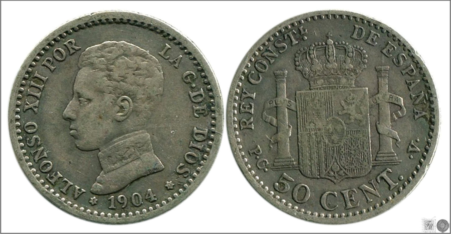 España - 1910 - Alfonso XIII - Nº 00046 - BC / F - 50 centimos 1904 (*10) PCV Ag