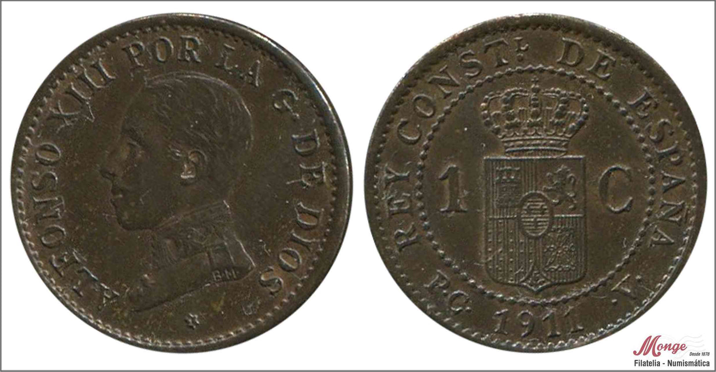 España - 1911 - Alfonso XIII - Nº 00005 - S/C / UNC - 1 centimo 1911 (*1) PCV