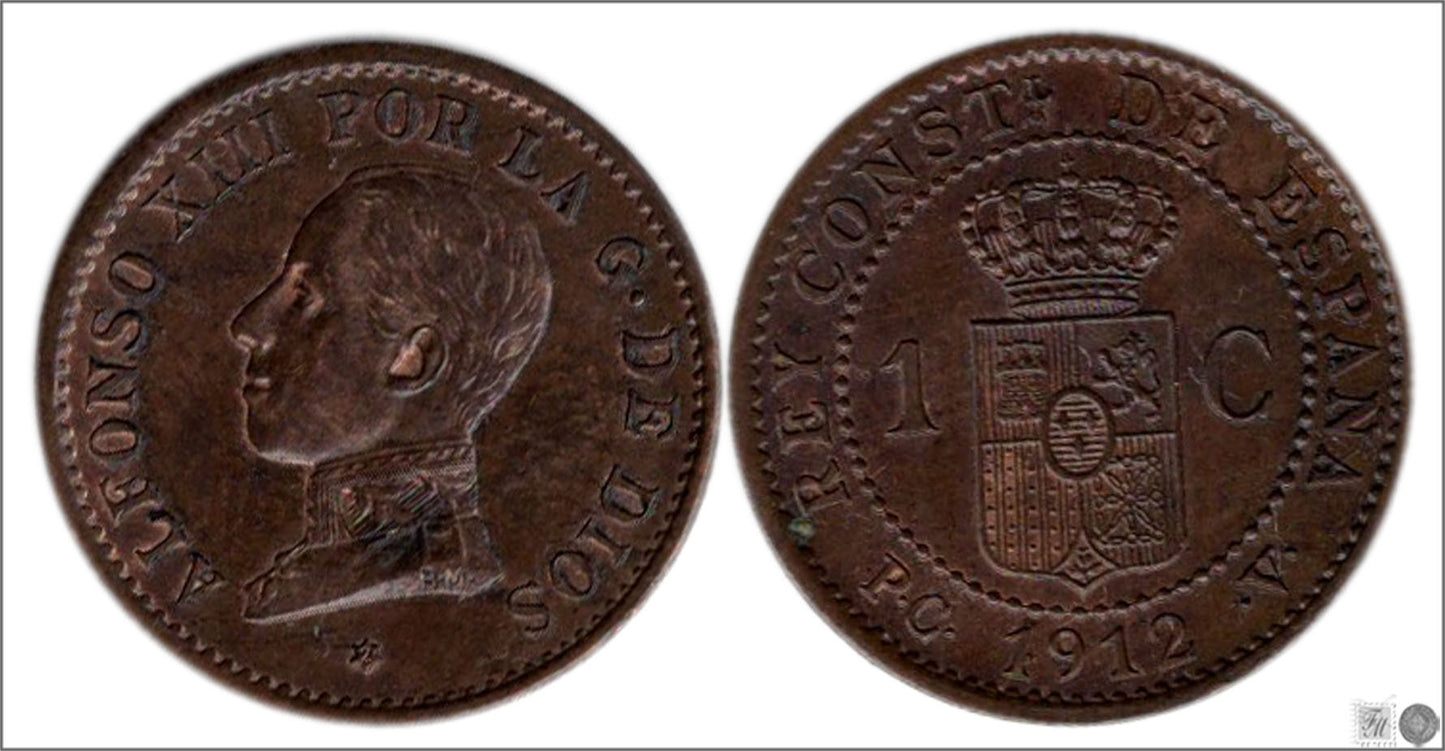 España - 1912 - Alfonso XIII - Nº 00006 - S/C- aUNC - 1 centimo 1912 (*2) PCV Cu