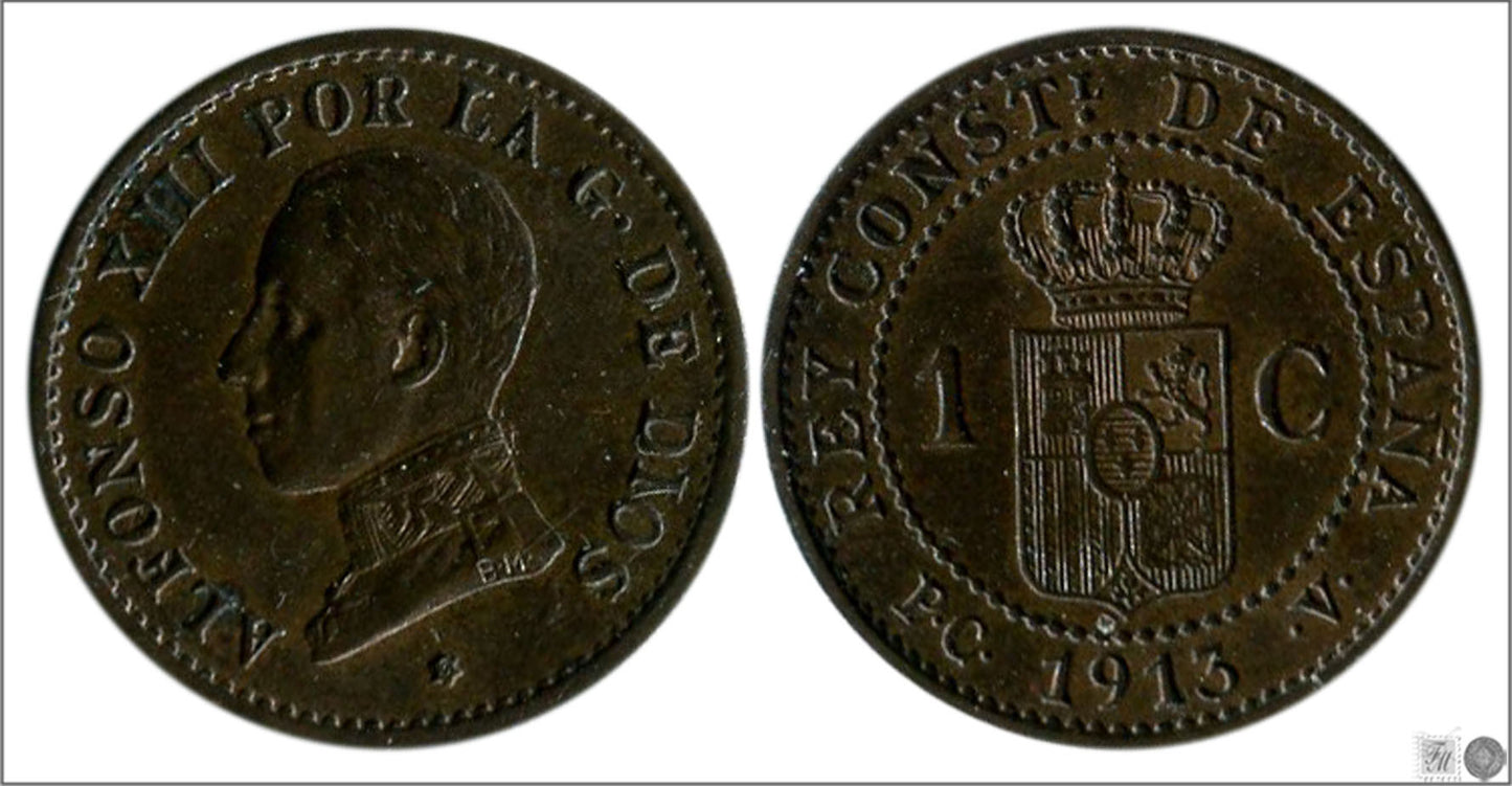 España - 1913 - Alfonso XIII - Nº 00007 - S/C / UNC - 1 centimo 1913 (*3) PCV Cu