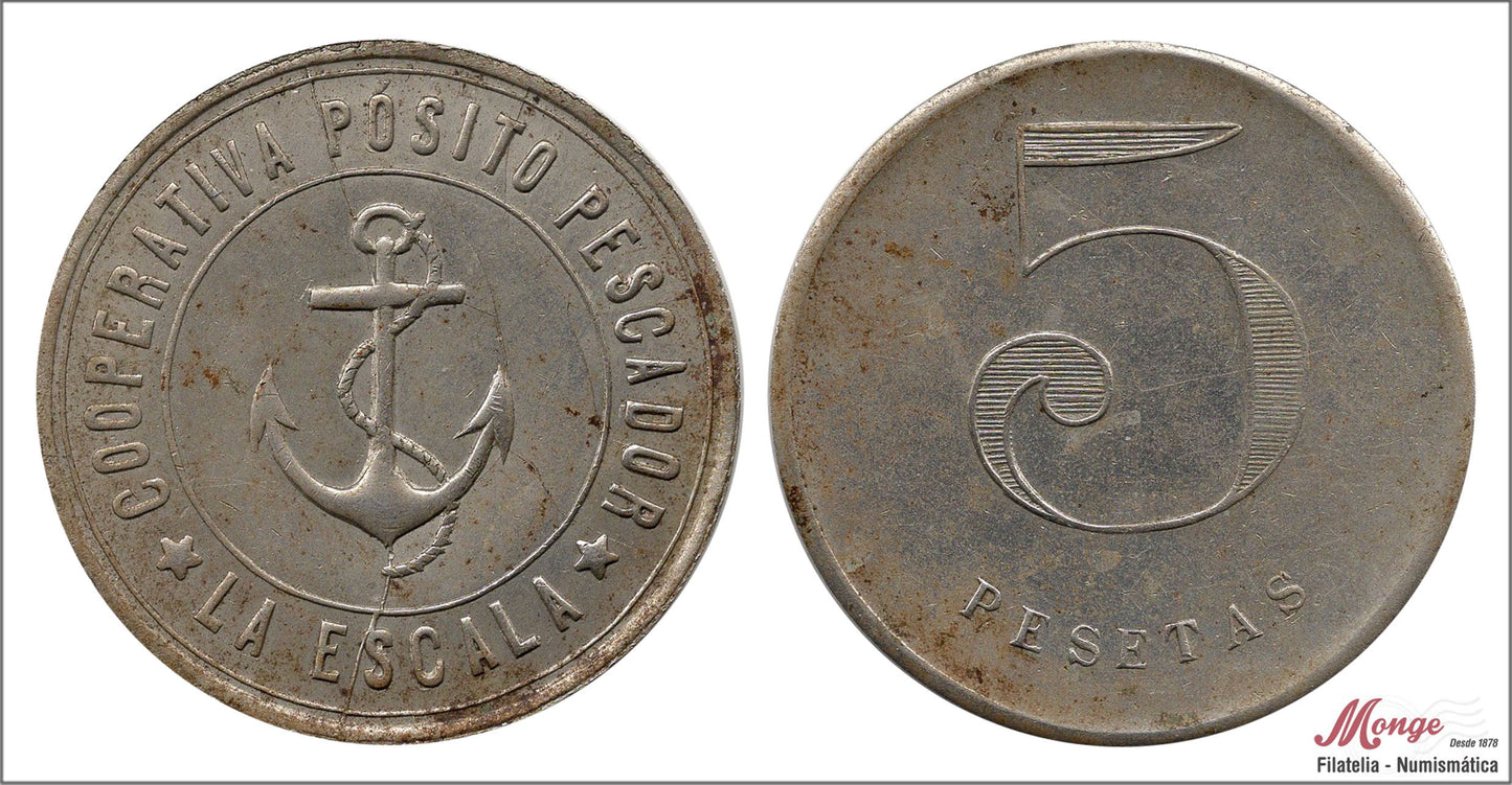 España - 1913 - Cooperativas - Nº AL-1852 - EBC / XF - 5 pesetas/ Posito Pescador L´ Escala/ niquel