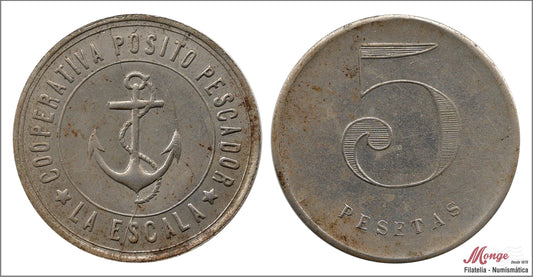 España - 1913 - Cooperativas - Nº AL-1852 - EBC / XF - 5 pesetas/ Posito Pescador L´ Escala/ niquel