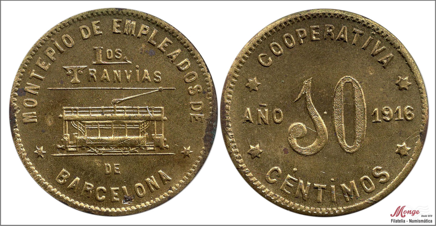 España - 1916 - Cooperativas - Nº AL-0937 - EBC / XF - 10 centimos / Montepio de Empleados "Los Tranvias"-bcn/ laton