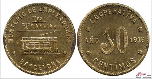 España - 1916 - Cooperativas - Nº AL-0937 - EBC / XF - 10 centimos / Montepio de Empleados "Los Tranvias"-bcn/ laton