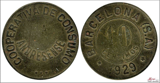 España - 1929 - Cooperativas - Nº AL-1561 - MBC / VF - 10 centimos del 1929/ Coop. de Consumo la Andresense Bcn/ Laton