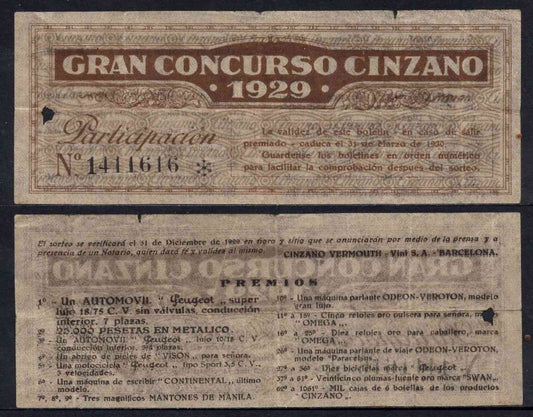 España - 1929 - Cooperativas - Nº NC-318 - MBC/VF - Participacion de Gran Concurso Cinzano del 1929/ Detalle premios en reversa