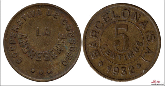 España - 1932 - Cooperativas - Nº AL-1572 - MBC / VF - 5 centimos/ La Adresense-barcelona/ bronce