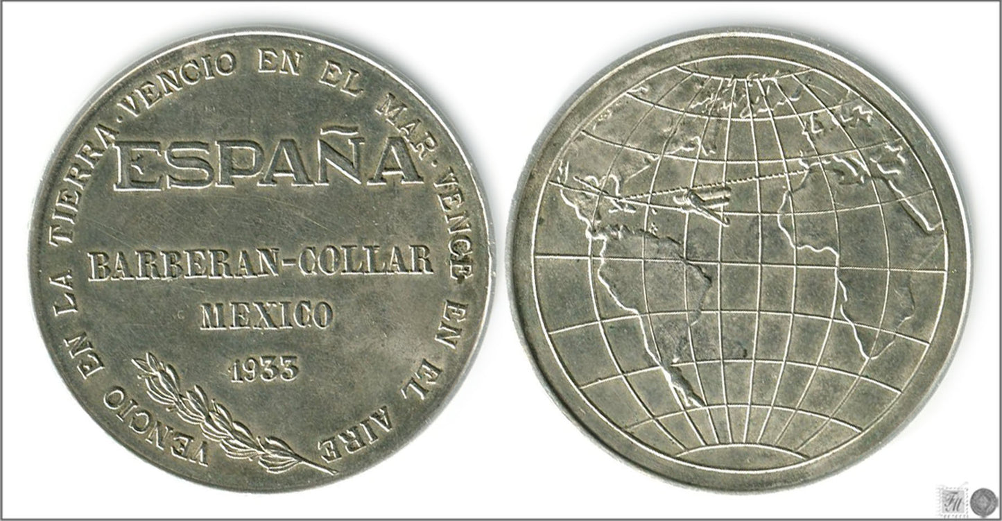 España - 1933 - Medalla - Nº N-1933-01 - FDC / MS - Medalla Mexico-España / Vuelo Barberan a Collar 1933 / 24,50 gr. de plata