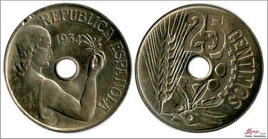 España - 1934 - 2ª República - Nº 00191 - EBC / XF - 25 centimos 1934 Niquel