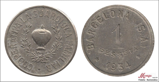 España - 1934 - Cooperativas - Nº AL-1592 - EBC- / XF- - 1 peseta/ La Guardiola Familiar-Barcelona S.A/ Niquel