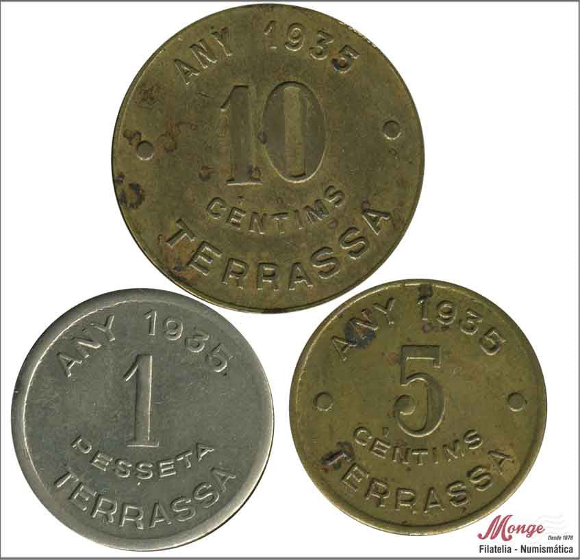 España - 1935 - Cooperativas - Nº 00141/43 - MBC / VF - 5, 10 ctms y 1 pta. ( 3 monedas) / Els Amics de Terrassa