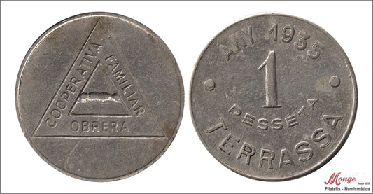 España - 1935 - Cooperativas - Nº AL-0151 - MBC - / VF- - 1 peseta/ Familiar de Terrasa/ niquel