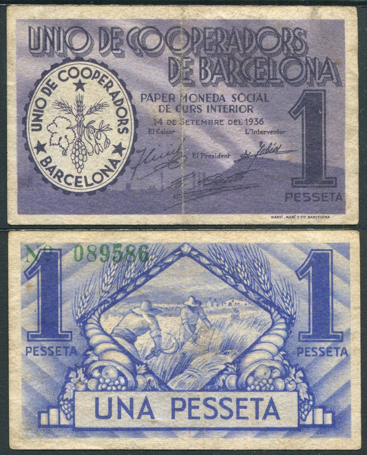 España - 1936 - Cooperativas - MBC+/VF+ - 1 Peseta Unio Cooperadors de Barcelona / 14 Setiembre 1936