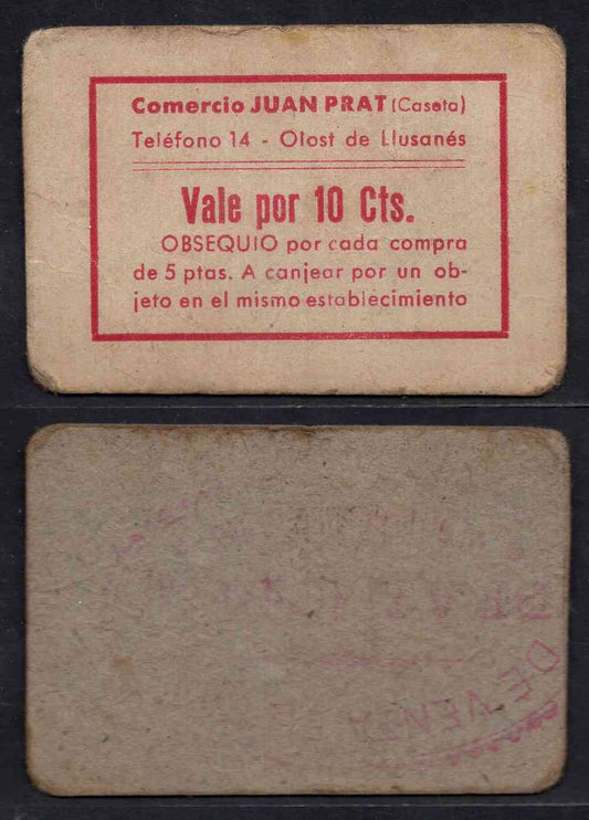 España - 1936 - Cooperativas - Nº NC-312 - MBC/VF - 10 centimos / "Juan Prat" Obsequio por cada compra de 5 pesetas-Olot de Lluç