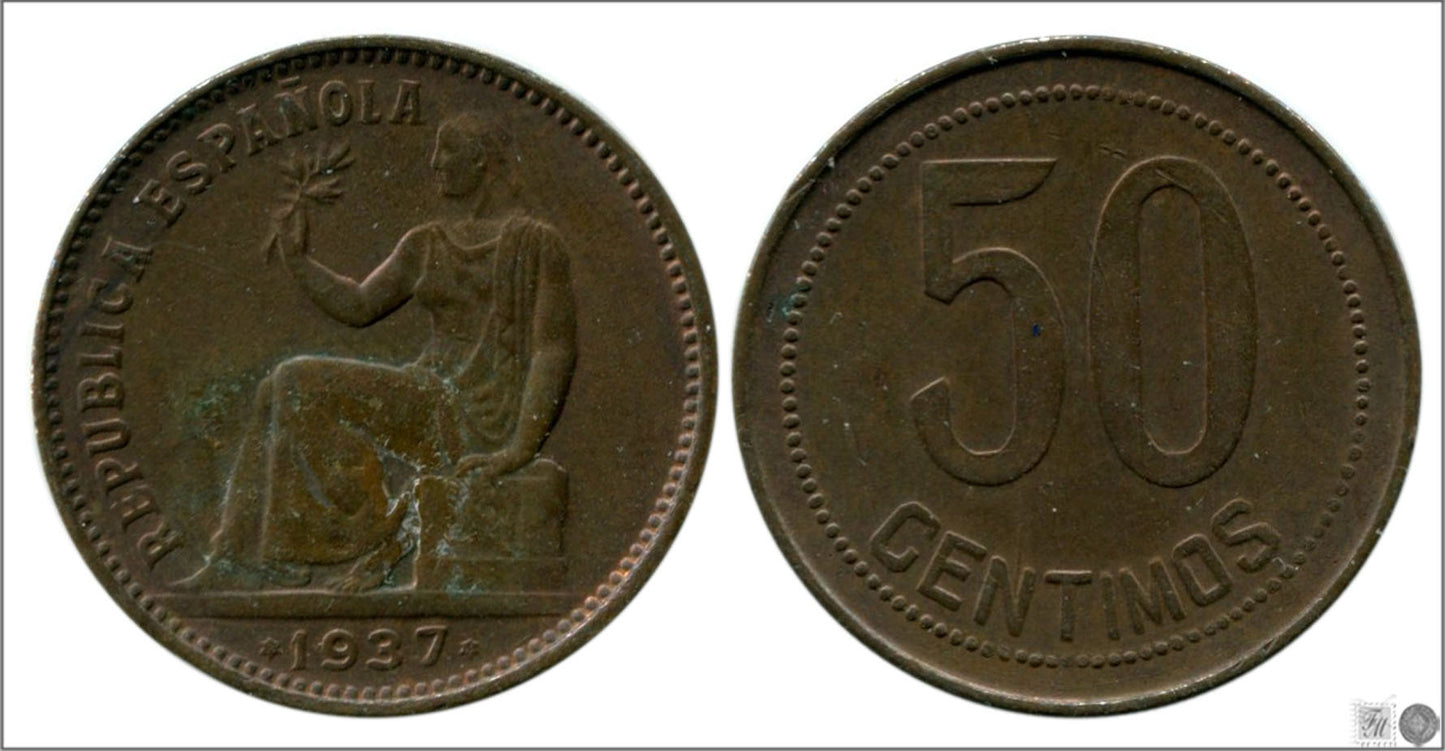 España - 1937 - 2ª República - Nº 00193 - MBC / VF - 50 centimos 1937 (*4) Cu