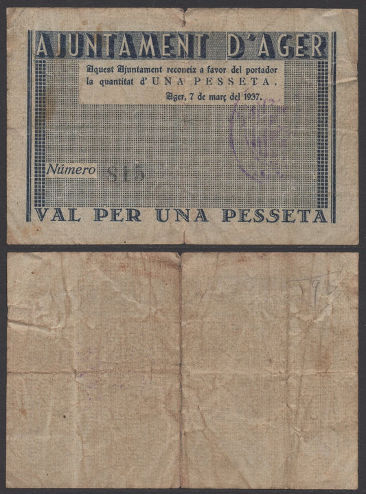 España - 1937 - Billetes Locales Cataluña - Nº 00003 - MBC/VF - D´Ager/ 1 peseta/ 7 de marzo del 1937