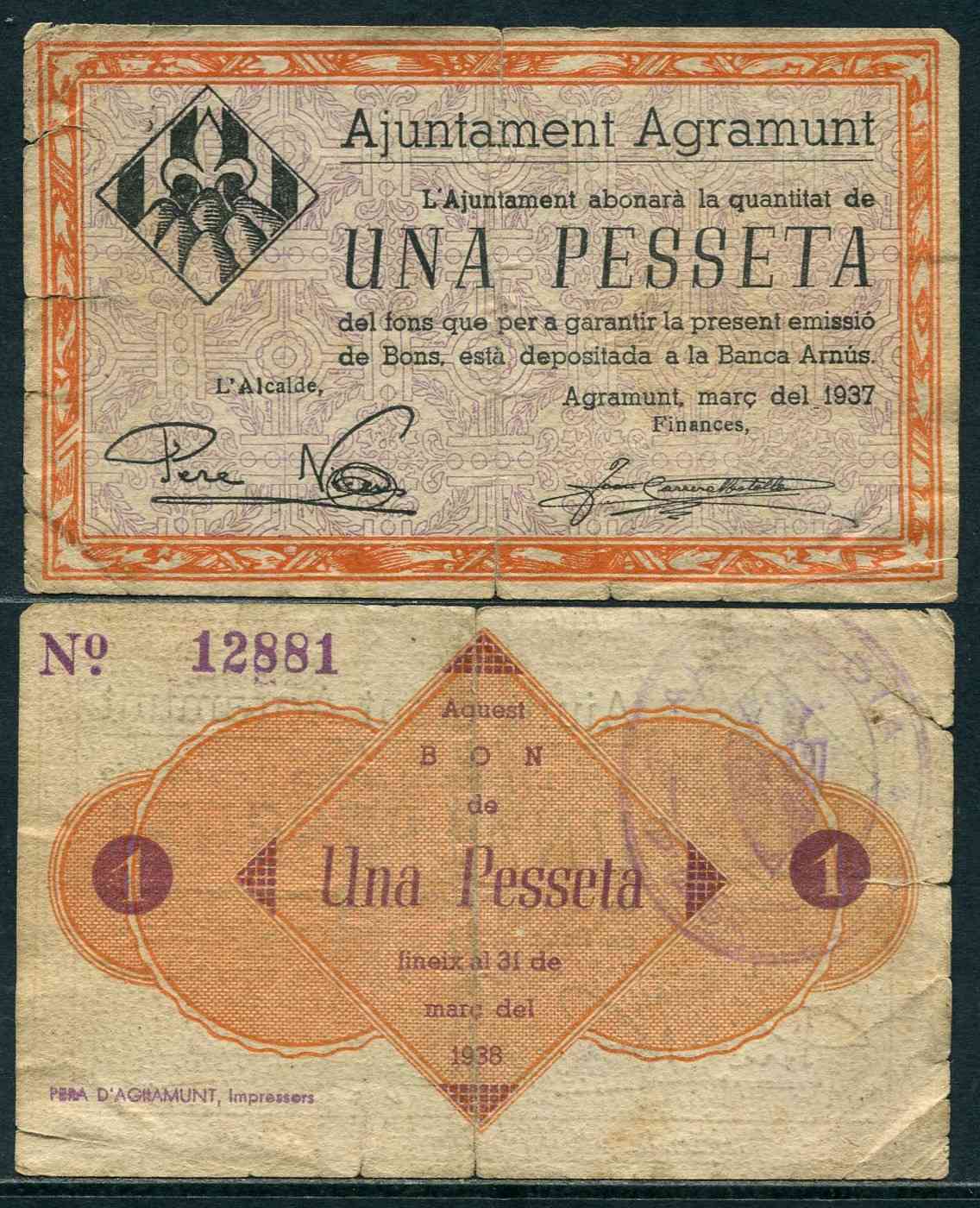 España - 1937 - Billetes Locales Cataluña - Nº 00005 - MBC-/VF- - Agramunt / 1 peseta marzo 1937