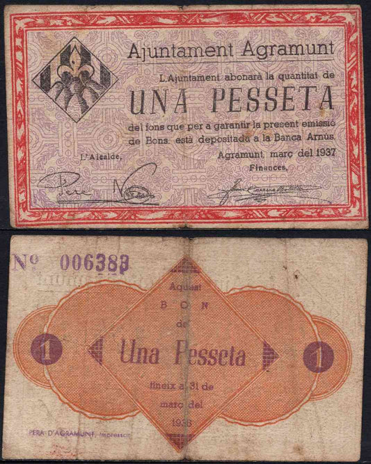 España - 1937 - Billetes Locales Cataluña - Nº 00005b - MBC-/VF- - Agramunt / 1 peseta de marzo del 1937