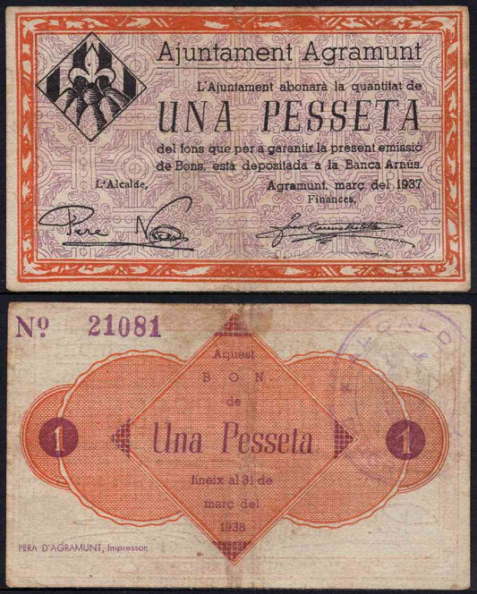 España - 1937 - Billetes Locales Cataluña - Nº 00005c - MBC/VF - Agramunt/ 1 peseta de marzo del 1937