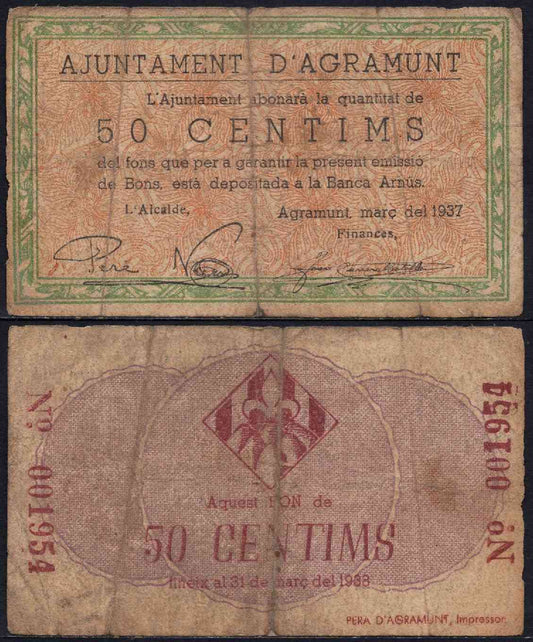 España - 1937 - Billetes Locales Cataluña - Nº 00006 - MBC-/VF- - Agramunt / 50 centimos marzo 1937