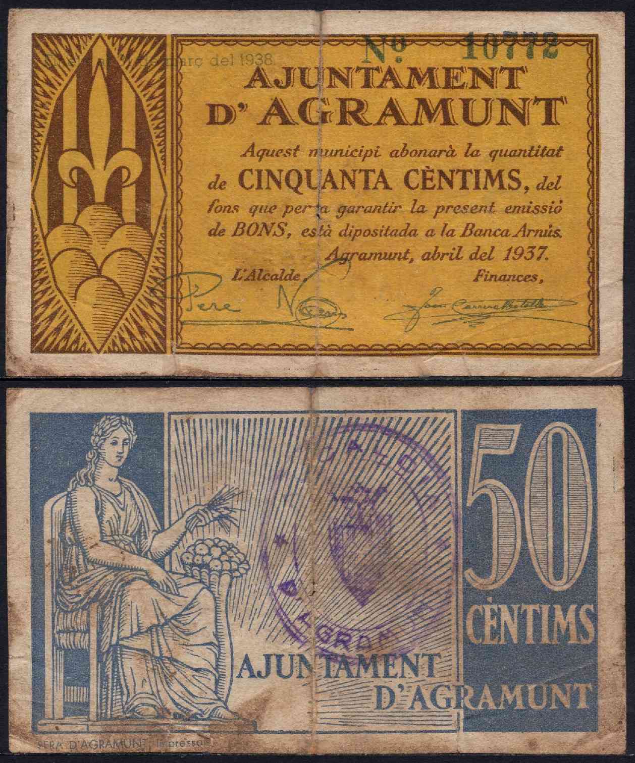 España - 1937 - Billetes Locales Cataluña - Nº 00007a - MBC/VF - Agramunt / 50 centimos de abril del 1937