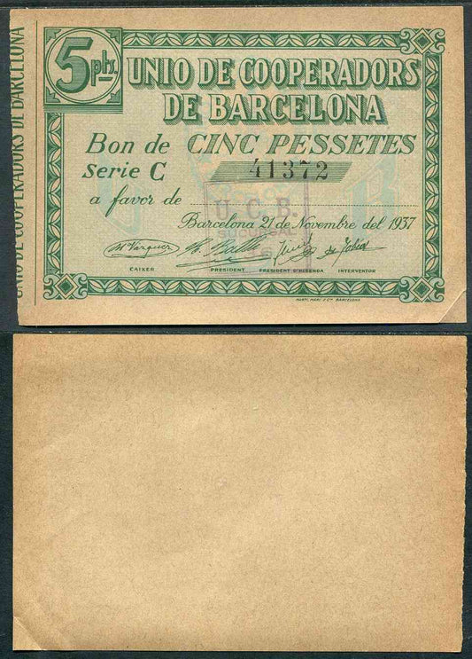 España - 1937 - Cooperativas - Nº 01080 - EBC/XF - 5 Pesetas/ Unio de Cooperadors Barcelona / 21 de Noviembre del 1937