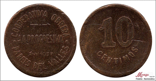 España - 1937 - Cooperativas - Nº AL-0043 - BC+ / F+ - 10 centimos/ Parets del valles/ bronce