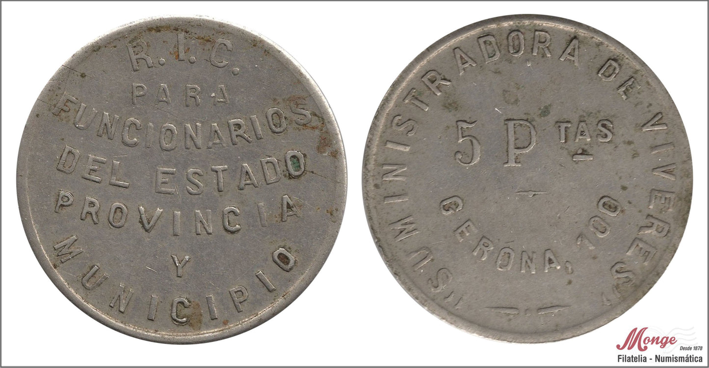 España - 1937 - Cooperativas - Nº AL-0925 - MBC / VF - 5 pesetas/ Suministros Viveres R.I.C/ niquel