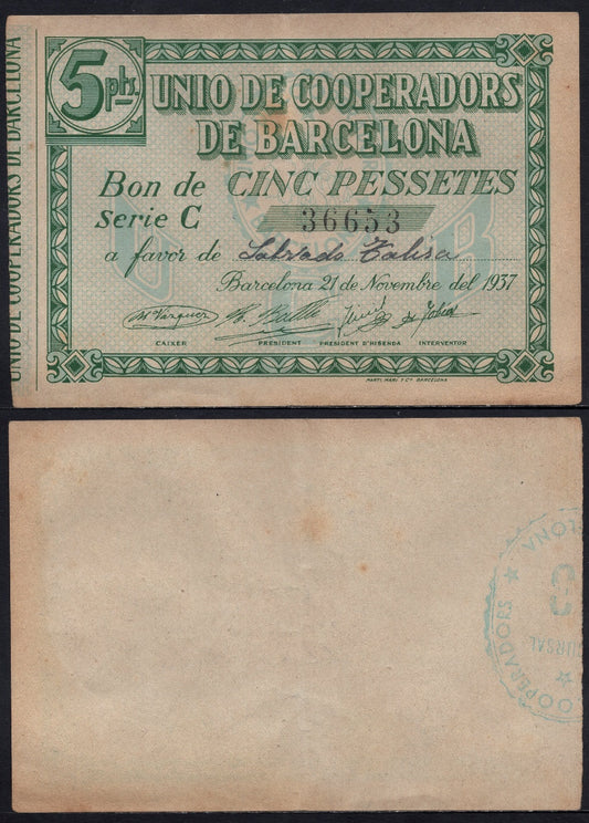 España - 1937 - Cooperativas - Nº AL-1080 - EBC/XF - 5 pesetas/ Union de Coop. de Barcelona/ 21 de noviembre del 1937/ Serie C