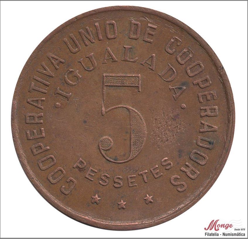 España - 1937 - Cooperativas - Nº AL-3249 - EBC / XF - 5 pesetas/ Unio de Cooperadores Un per a Tots i Tots per a un - Igyalada/