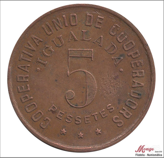 España - 1937 - Cooperativas - Nº AL-3249 - EBC / XF - 5 pesetas/ Unio de Cooperadores Un per a Tots i Tots per a un - Igyalada/