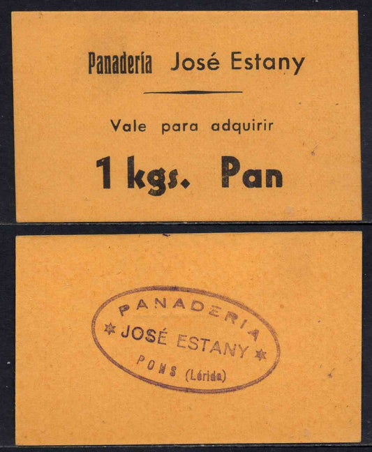 España - 1937 - Cooperativas - Nº AL-3276 - SC/UNC - 1 Kg de pan/ Panaderia Jose Estany de Pons (Lerida)