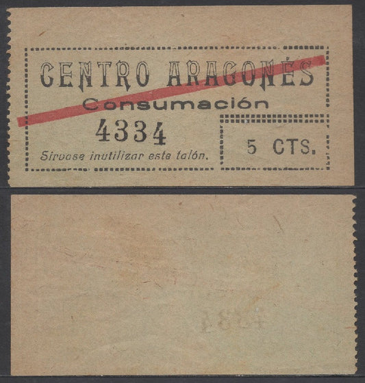 España - 1937 - Cooperativas - Nº D-287 - EBC/XF - Centro Aragones/ 5 centimos del 1937