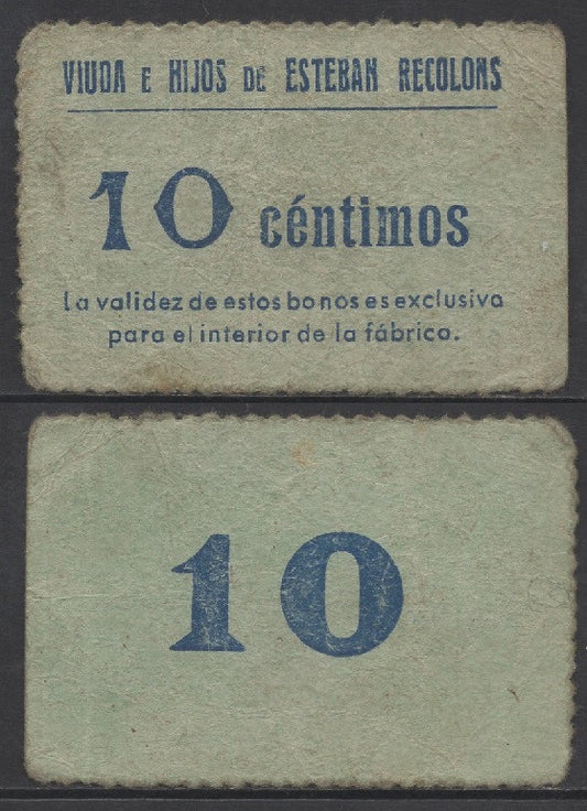 España - 1937 - Cooperativas - Nº H-20 - MBC+/VF+ - Viuda e Hijos de Esteban Recolons Barc./ 10 centimos del 1937