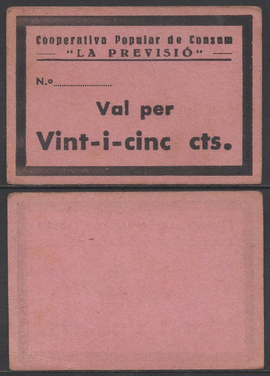 España - 1937 - Cooperativas - Nº NC-080 - EBC/XF - La Previsio/ 25 centimos del 1937