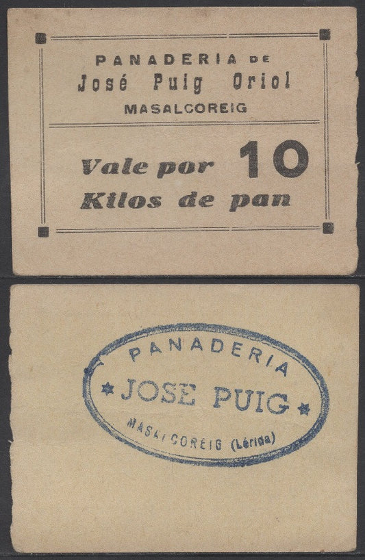 España - 1937 - Cooperativas - Nº NC-082 - MBC+/VF+ - Pan Jose Puig Oriol de Masalcoreig/ 10 kilos del 1937