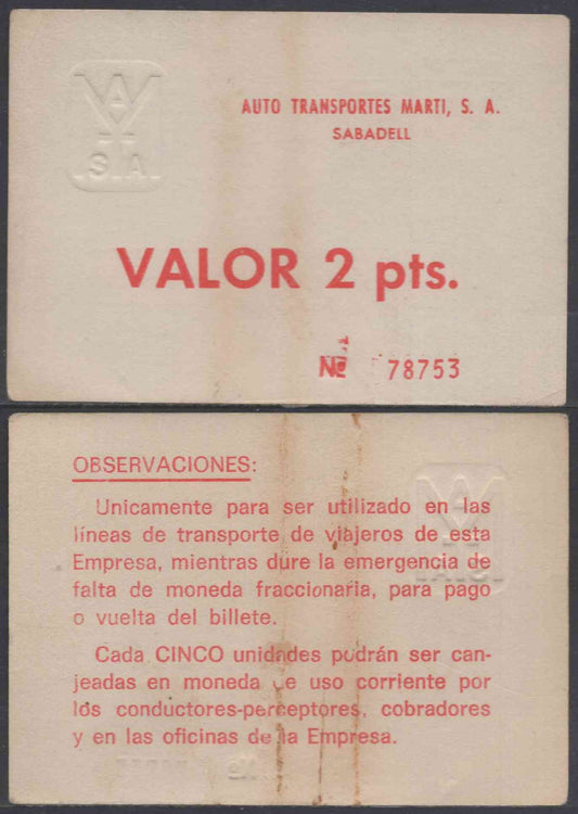 España - 1937 - Cooperativas - Nº NC-091 - EBC- / XF- - 2 pesetas del 1937/ Auto Transportes Marti S.A