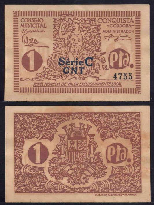 España - 1937 - Cooperativas - Nº NC-159 - EBC/XF - 1 peseta/ Consejo Municipal Conquista - Cordoba/ serie C - CNT