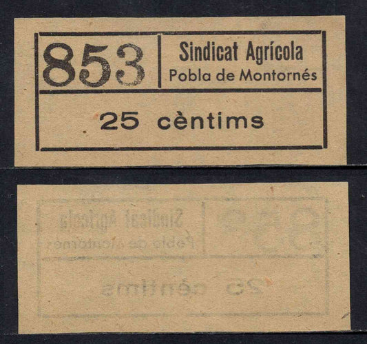 España - 1937 - Cooperativas - Nº NC-321 - EBC+/XF+ - 25 centimos/ Sindicato Agricola "Pobla de Montornes"