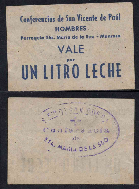 España - 1937 - Cooperativas - Nº NC-322 - EBC- / XF- - Vale por 1 litro de leche/ Conferencias de S. Vicente de Paul - Manresa