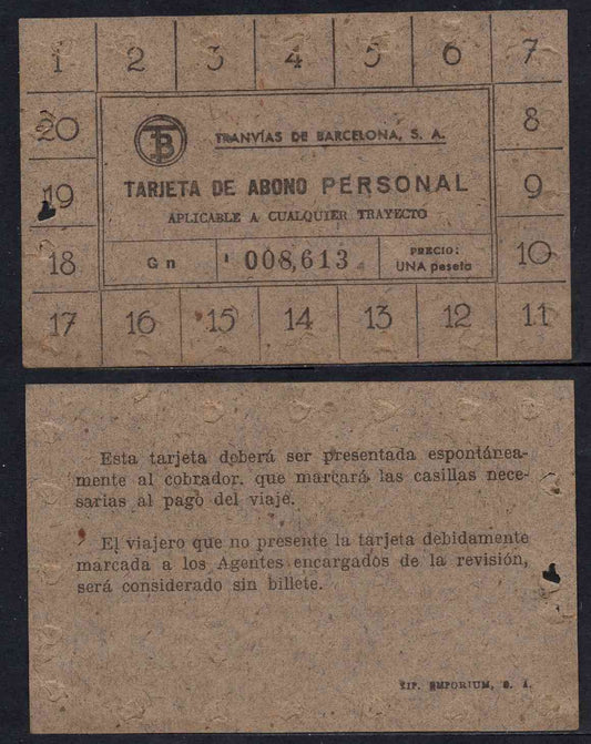 España - 1937 - Cooperativas - Nº NC-323 - MBC+/VF+ - 1 peseta/ Tranvias de Barcelona S.A/ cualquier viaje (usada)