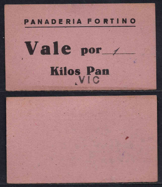 España - 1937 - Cooperativas - Nº NC-329 - EBC+/XF+ - 1 kilo de pan/ Panaderia Fortino "Vic"