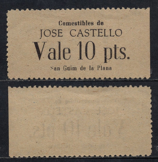 España - 1937 - Cooperativas - Nº NC-332 - EBC/XF - 10 pesetas/ Comestibles de Jose Castello-San Guim de la plana