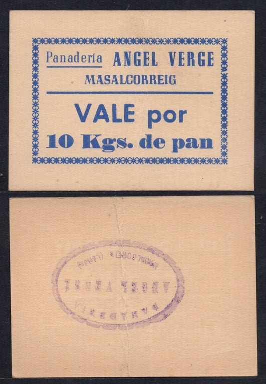 España - 1937 - Cooperativas - Nº NC-364 - EBC/XF - Vale por 10 Kg de Pan/ Panaderia Angel Verge - Masalcorfig