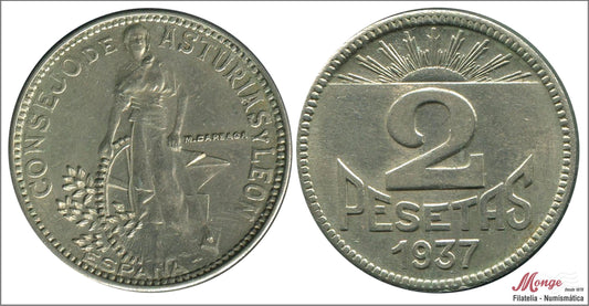 España - 1937 - Guerra Civil - Nº 00199 - EBC / XF - Asturias y Leon 2 pesetas 1937 Cu/Ni